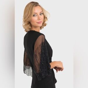 JOSEPH RIBKOFF Sequin Beaded V Neck Sheer Flare Sleeve Zip Blouse Jacket Top